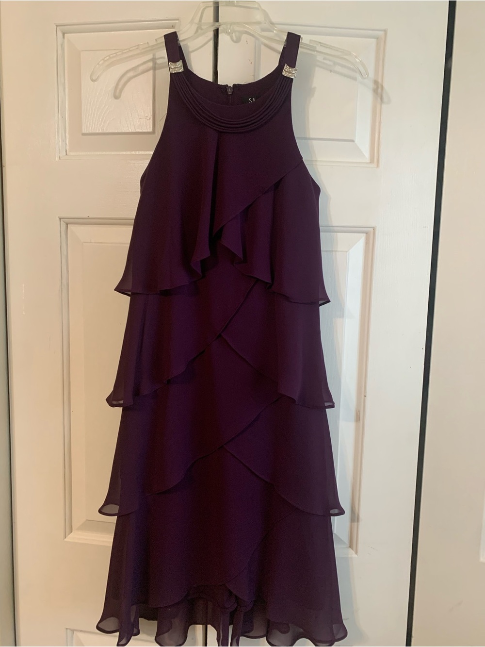 S.L. Fashions Plum Tiered Ruffle Midi Dress with Beaded Straps
